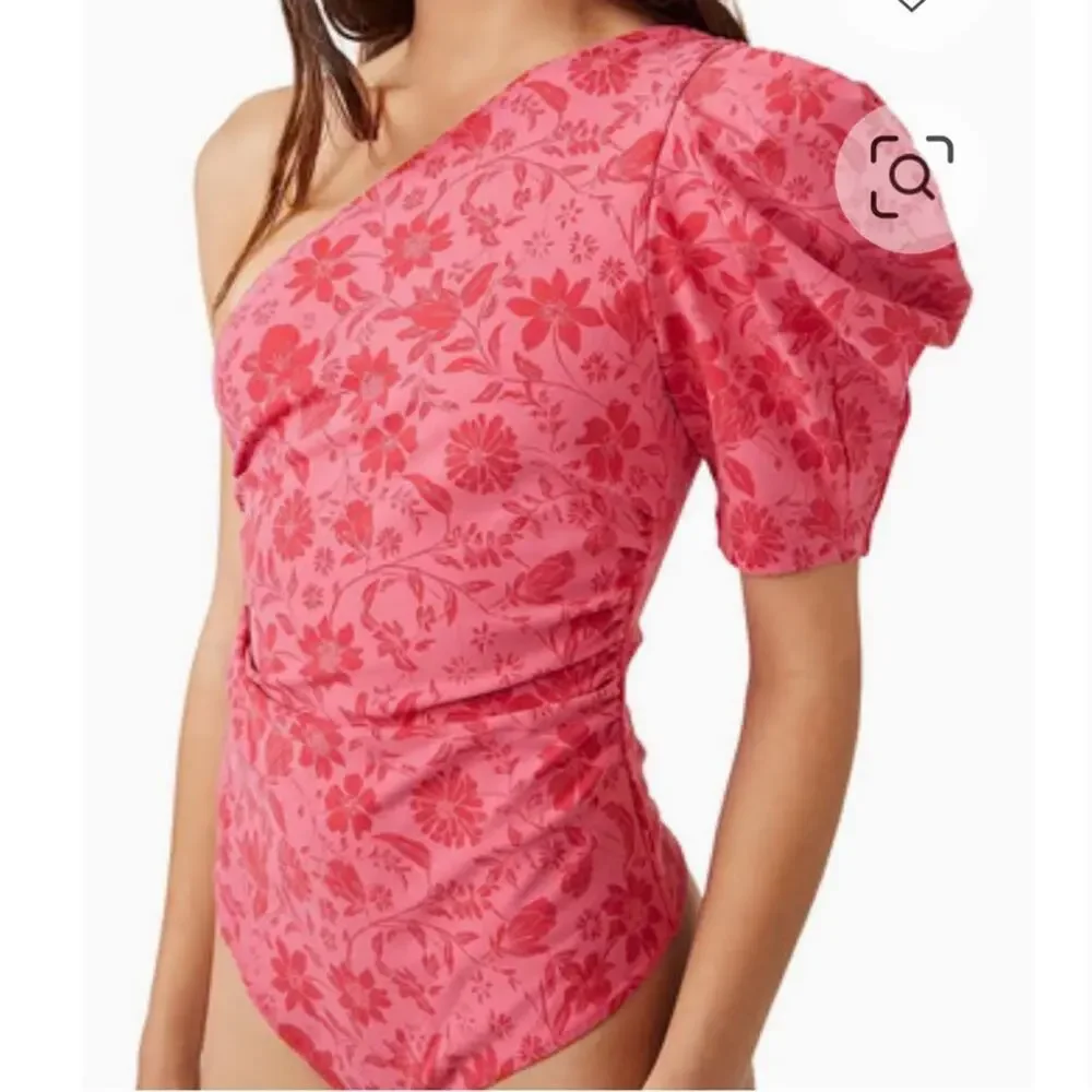 NWT Free People Something About You Floral Puff Shoulder Bodysuit Hot Pink Combo